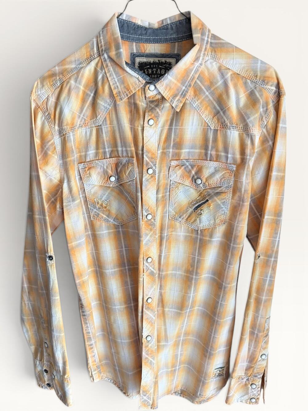 BKE Vintage 1967 Men’s Medium Distressed Western Pearl Snap Shirt Plaid Buckle